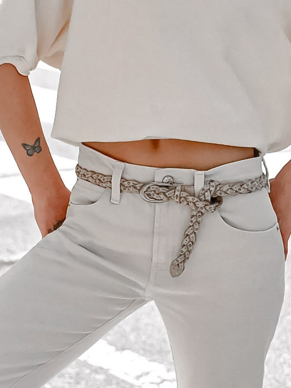 New Braided Leather Women's Sam Browne Sol Slim Studded White Belt In Bone Ivory